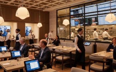 Modern restaurant showcasing digital technology integration with tablets, mobile devices, and training systems